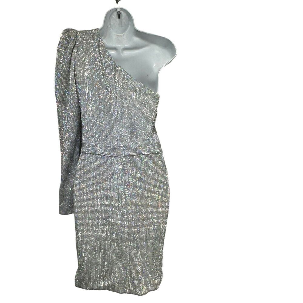 Lavish Alice Sequin One Sleeve Silver Iridescent Holo Cocktail mini Dress Size 4 - Picture 2 of 9